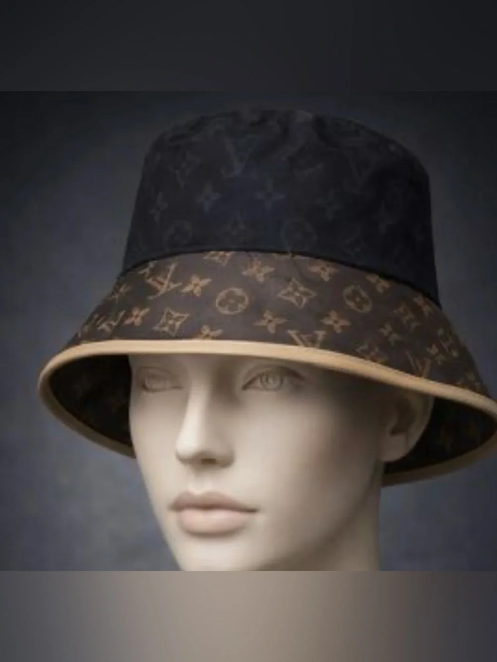 Monogram Bucket Hat in Black and Brown with Tan Trim
